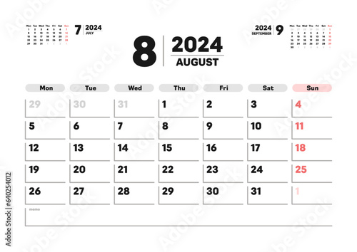 2024年8月のカレンダー - 月曜始まりの月めくりカレンダー - 3ヶ月分･祝日表記なし･A版比率
