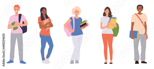 Happy smiling diverse college or university students standing with study accessories isolated set