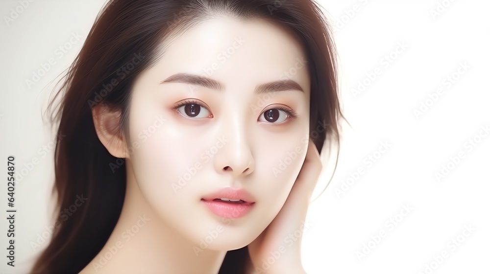 Beautiful women apply skincare to face, white background minimal style Beautiful women apply skincare to face, white background minimal style