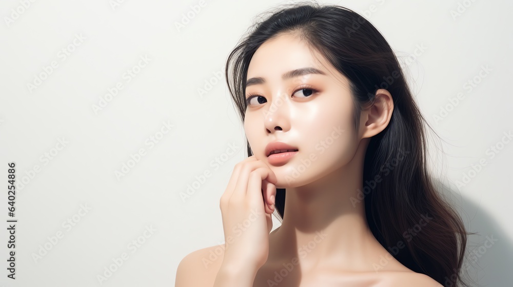 Beautiful women apply skincare to face, white background minimal style Beautiful women apply skincare to face, white background minimal style