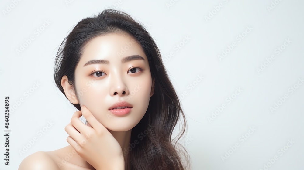 Beautiful women apply skincare to face, white background minimal style Beautiful women apply skincare to face, white background minimal style