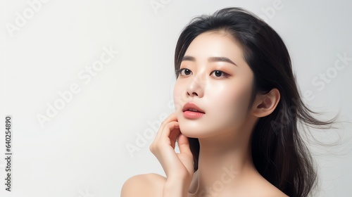 Beautiful women apply skincare to face, white background minimal style