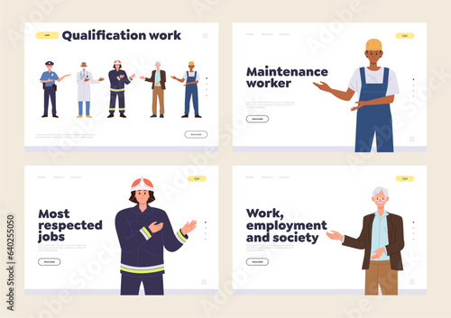 Isolated set of landing page with qualification work, respected job and professional career concept