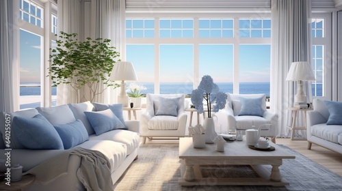 Living room interior , A coastal-inspired living room in the blue and white Nordic style, offering a view of the beach and ocean © ZUBI CREATIONS