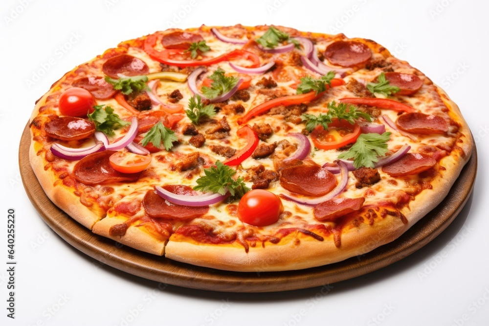 Delicious fresh pizza on wooden pizza board isolated on white background Delicious fresh pizza on wooden pizza board isolated on white background