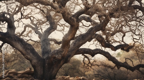 Capturing the character of an old oak tree with its gnarled branches and rough bark  displaying the intricate textures that come with age. AI generated.