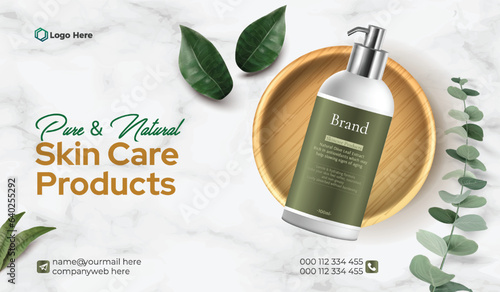 Natural skin care beauty products banner Ad Special Offer, social media offer, and website banner design with marble effect and natural leaves, illustration editable vector file