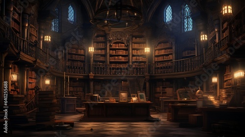 Ancient Library , A dimly lit library with towering bookshelves, ancient tomes, and mysterious artifacts © ZUBI CREATIONS