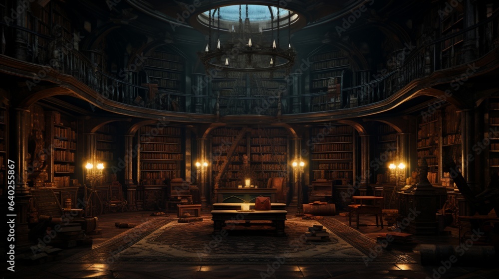 Ancient Library , A dimly lit library with towering bookshelves, ancient tomes, and mysterious artifacts Ancient Library , A dimly lit library with towering bookshelves, ancient tomes, and mysterious artifacts