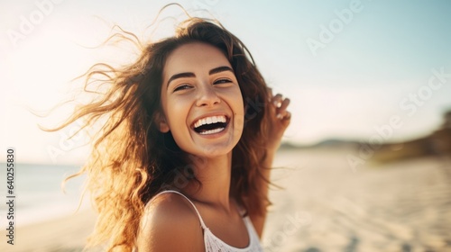 happy beautiful young woman enjoying sunny day and smiling by the beachside