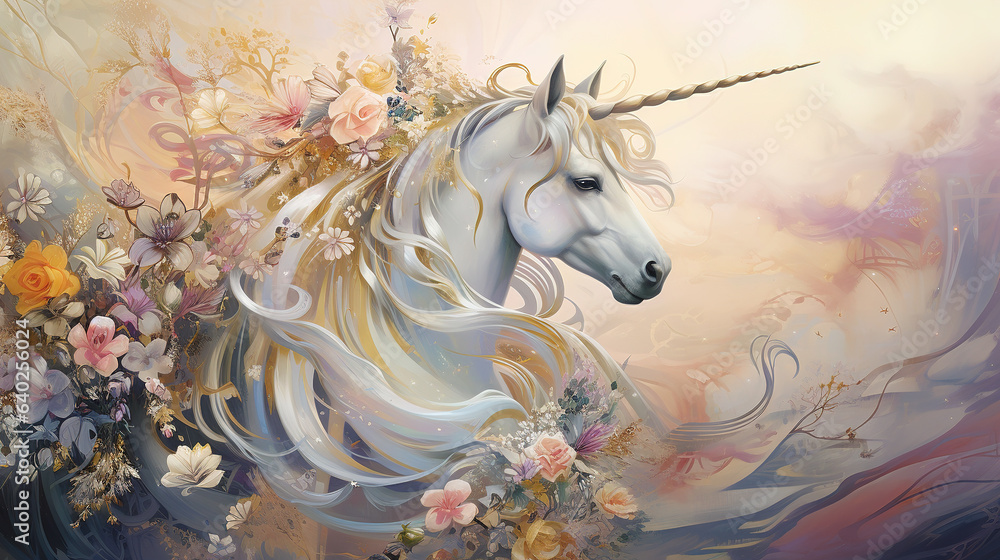 happy cute unicorn in flower blossom atmosphere golden pastel colorful oil paint abstract art