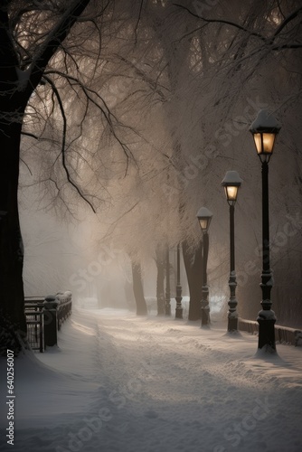 Snowy scene in a beautiful city park