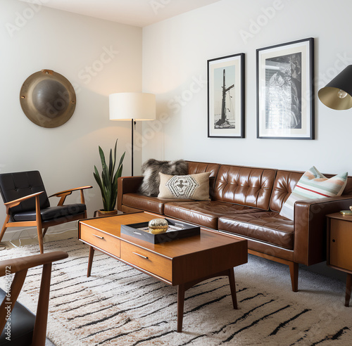 midcentury modern small living room, brown sofa, dark cream carpet photo