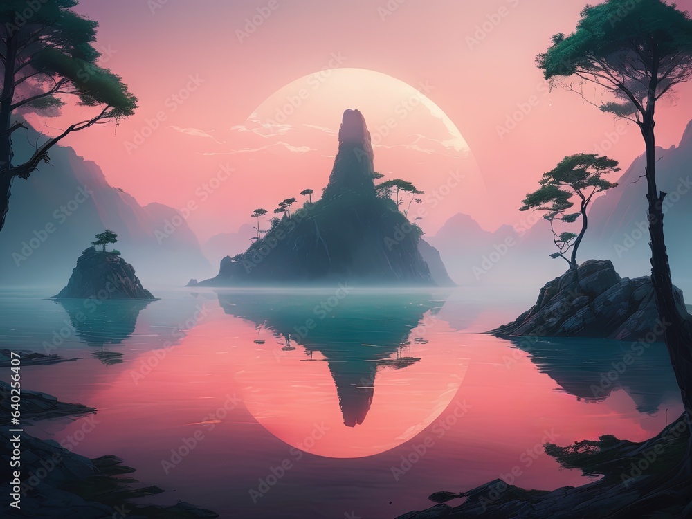 A peaceful sunset over a lake with a rock formation and trees
