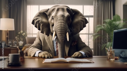 An elephant at an office job in a suit and tie by.Generative AI
