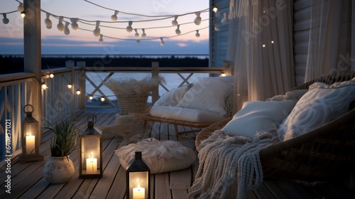 Balcony or Deck   A balcony overlooking the ocean  lit by soft  warm lights and decorated in Nordic coastal style