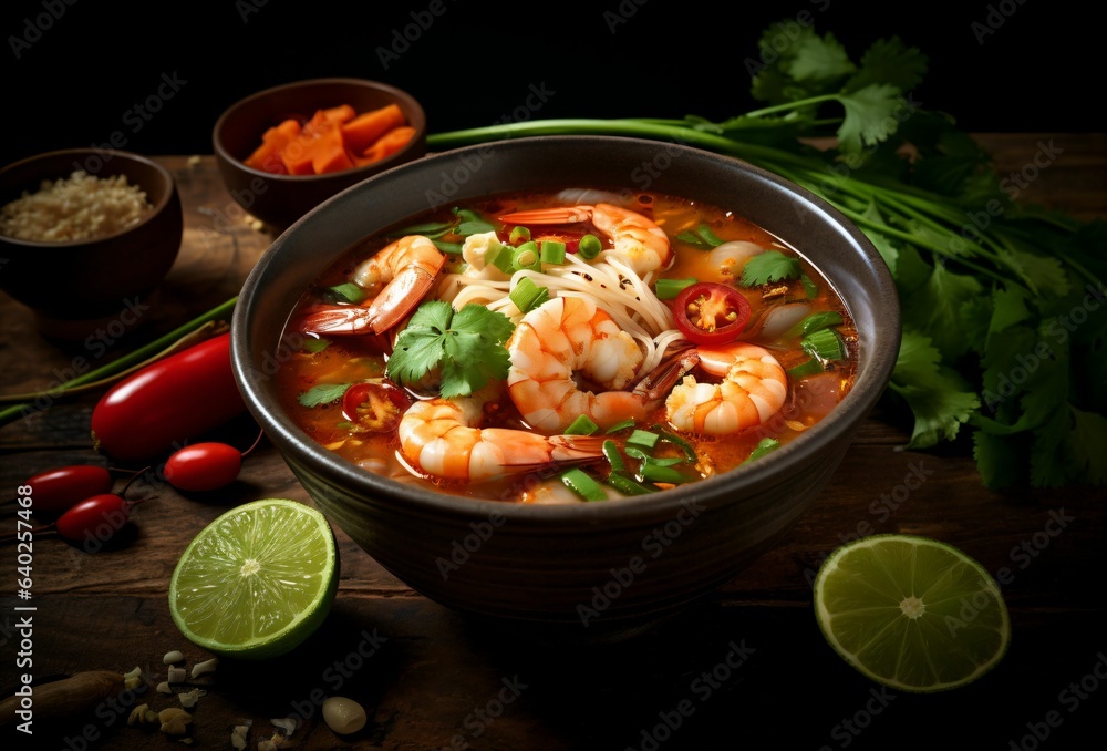 Bowl of Spicy and Sour Tom Yum Goong Soup with Shrimp and Lemon Bowl of Spicy and Sour Tom Yum Goong Soup with Shrimp and Lemon