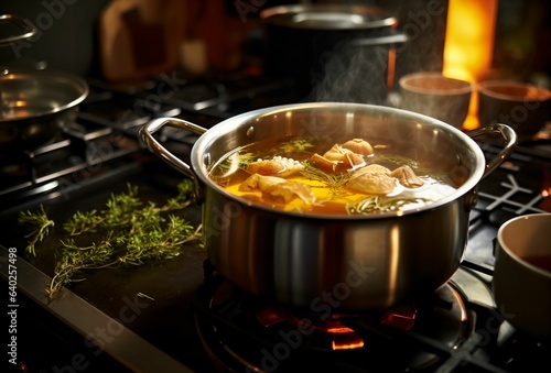 A lid of a bubbling pot with broth boiling beneath, on a modern induction stove in a cozy kitchen