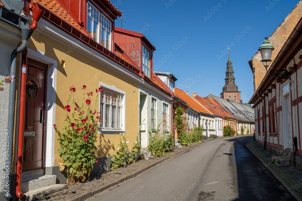 Romantic Old Town Cobble Street with Housing at Ystad Midtown overlooking Church and City Center, Skane Sweden.