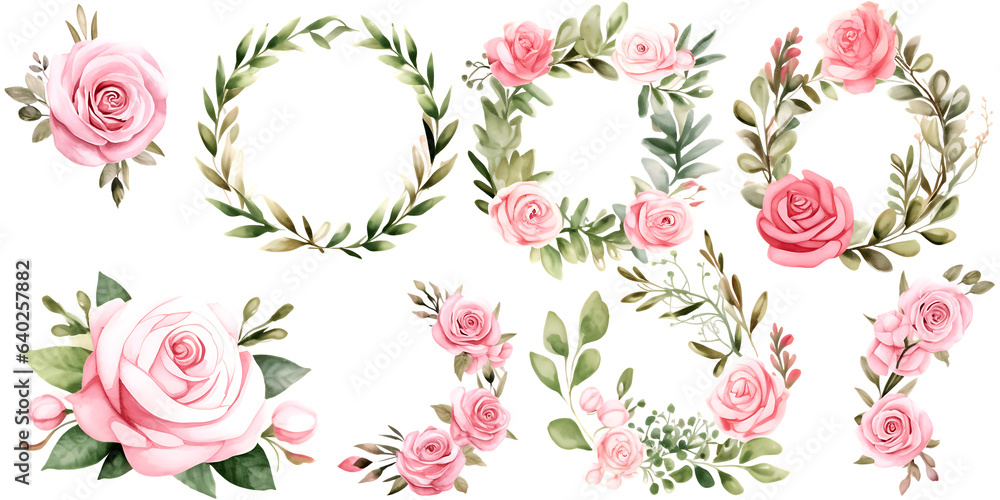 Beautiful wedding wreath with pink rose flowers watercolor elements set.