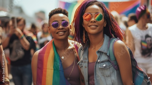 Dos chicas con banderas lgtbi en la manifestación del orgullo gay. Generado por IA.