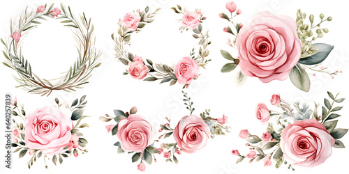Fototapeta Naklejka Na Ścianę i Meble -  Beautiful wedding wreath with pink rose flowers watercolor elements set.