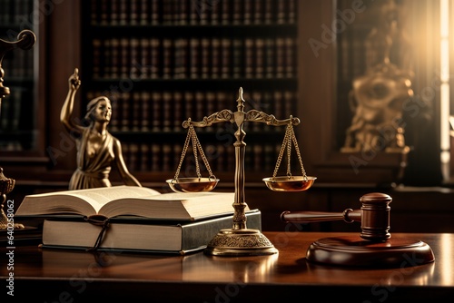 Law theme, Judge gavel, law scales, and books on black background. Law concept of Judiciary, Jurisprudence, and Justice. AI-Generated.