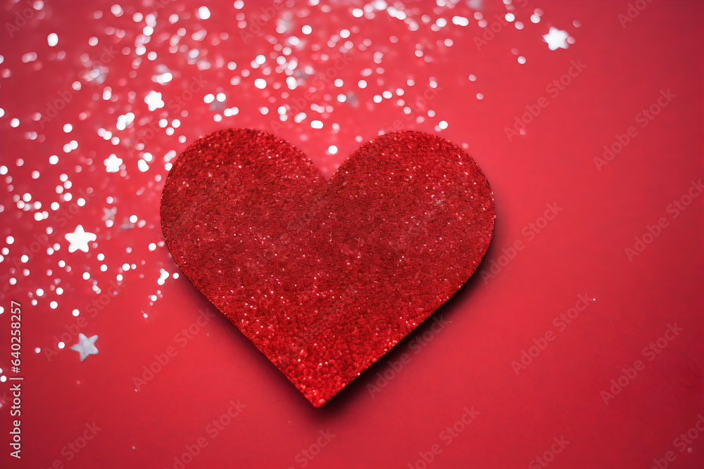 red glitter paper heart with silver star glitter scattered around on card, kids artwork for valentine's day