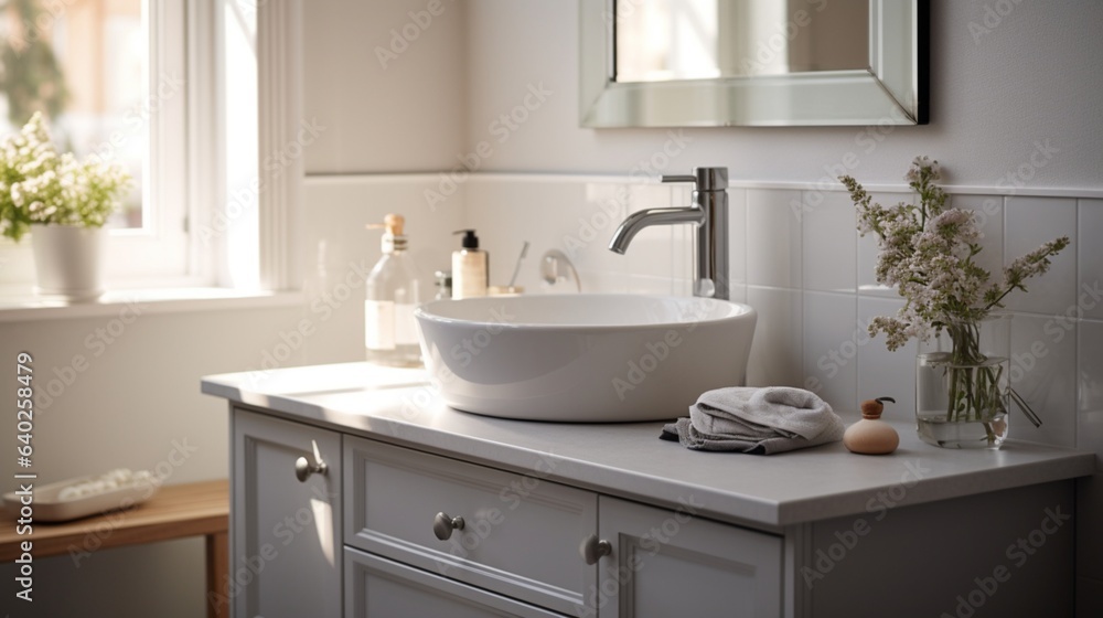 Bathroom Vanity , A close-up of a bathroom vanity styled in grey and white, with Nordic minimalism and coastal touches Bathroom Vanity , A close-up of a bathroom vanity styled in grey and white, with Nordic minimalism and coastal touches