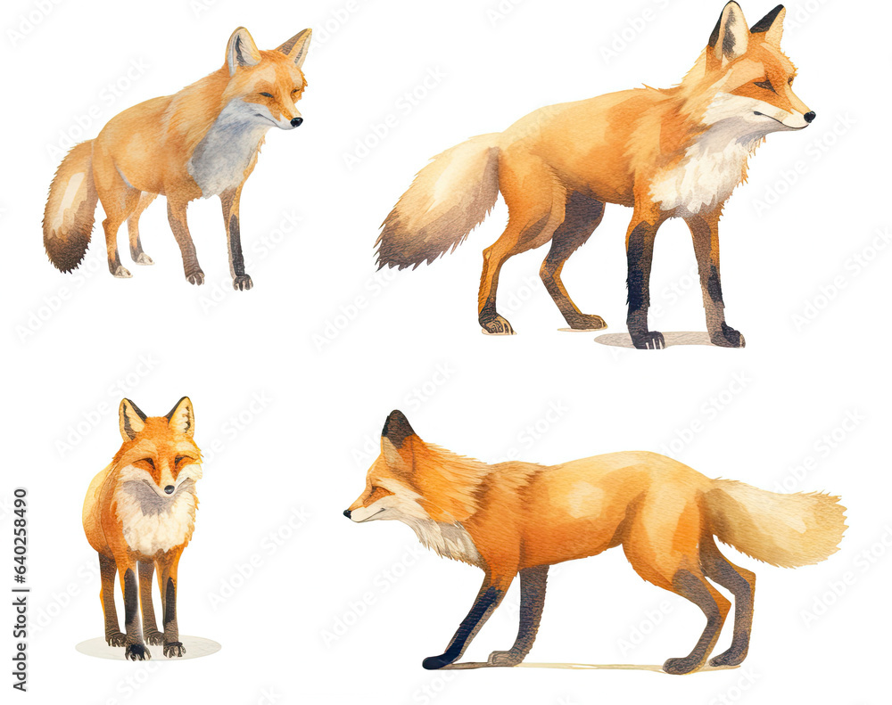 Fototapeta premium Set of watercolor red fluffy foxes on a white background.