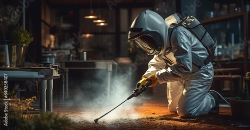 worker in a protective suit, cleaner, welder, working staff