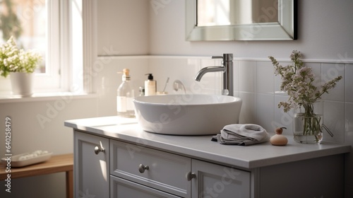 Bathroom Vanity , A close-up of a bathroom vanity styled in grey and white, with Nordic minimalism and coastal touches