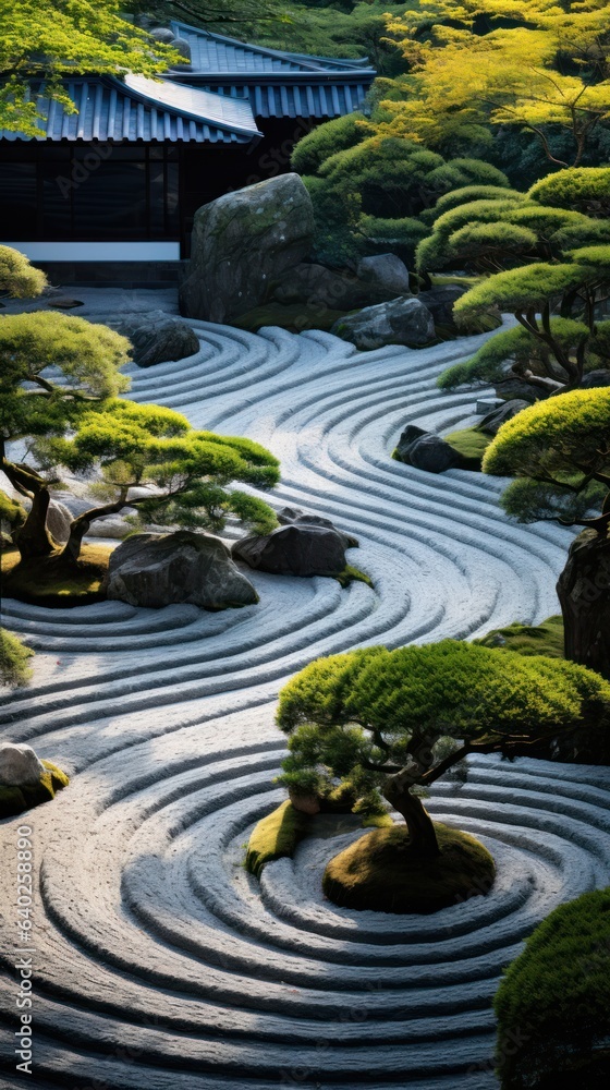 top view of the Japanese rock garden, filled with a subtle play of light and shadow. Harmony. 