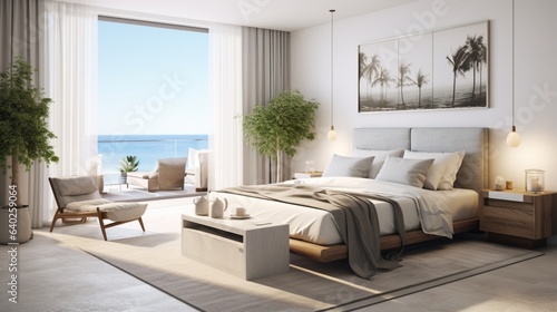 Bedroom , A master bedroom that overlooks an ocean view, styled in grey and white Nordic designs