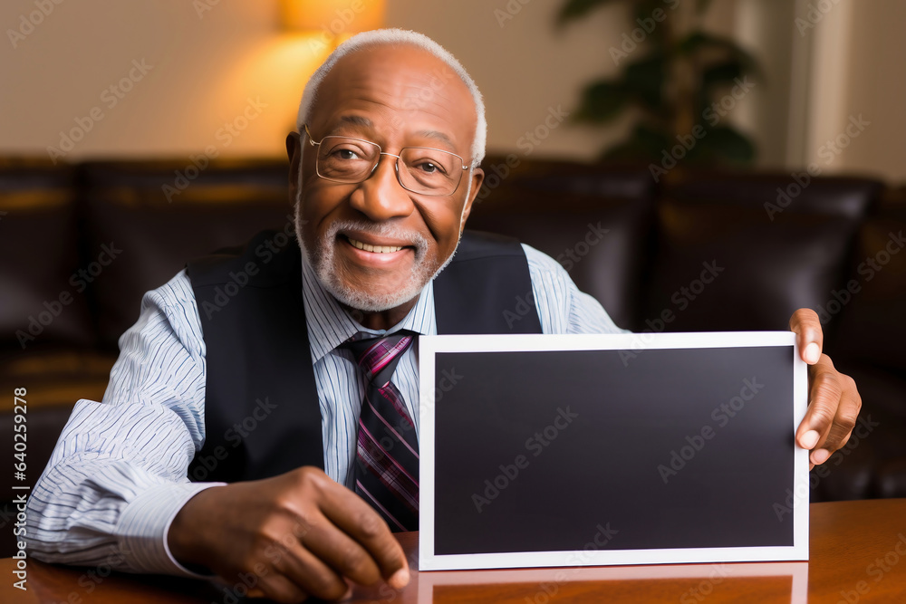A senior man of African American appearance in a business suit is holding a sign or paper. Gray-haired old man. copyspace. pension reform. Happy old age and retirement. Accumulative pension system. A senior man of African American appearance in a business suit is holding a sign or paper. Gray-haired old man. copyspace. pension reform. Happy old age and retirement. Accumulative pension system.