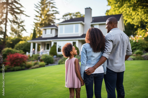 A young happy family stands on the lawn and looks at the purchased house. The joy of buying a home. New homeowners. Mortgage. Property rental.