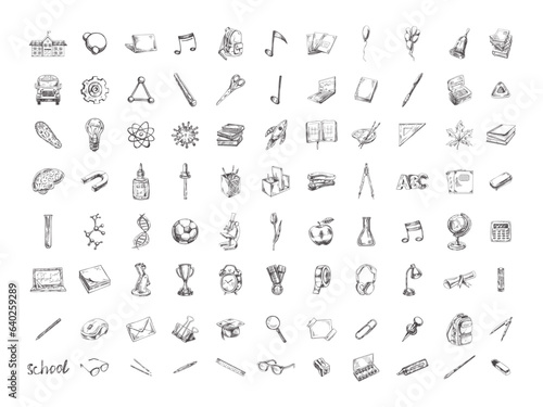 Back to School, hand drawn school supplies - big sketch set. Doodle lettering and school object collection. Education Concept. Vintage sketch element. Vector illustration. Back to School.