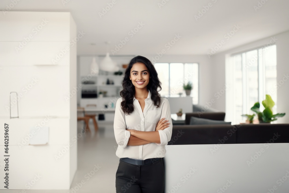 Happy indian young female business person homeowner standing in modern apartment at cozy home Happy indian young female business person homeowner standing in modern apartment at cozy home