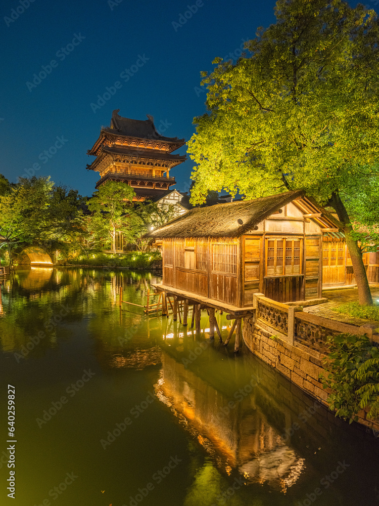Night view of Puyuan, An ancient water town in Zhejiang Province, China.