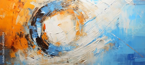 Fototapeta Naklejka Na Ścianę i Meble -  Closeup of abstract rough circular orange blue white painting texture, with oil brushstroke, pallet knife paint on canvas - Art background