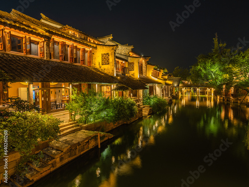 Night view of Puyuan, An ancient water town in Zhejiang Province, China.