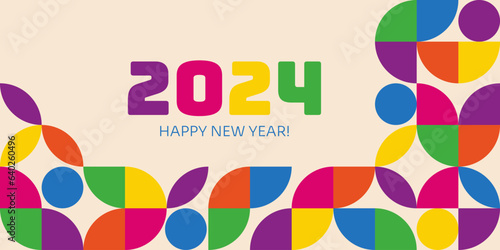 Happy new year 2024 geometric background with numbers and bauhaus geometric shapes.Bright geometric greeting banner.Template for card,invitation,flyer, web, cover.Vector illustration