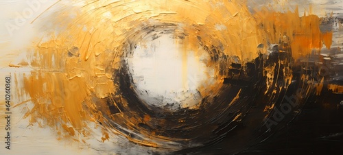 Closeup of abstract rough circular rgold black painting texture, with oil brushstroke, pallet knife paint on canvas - Art background photo