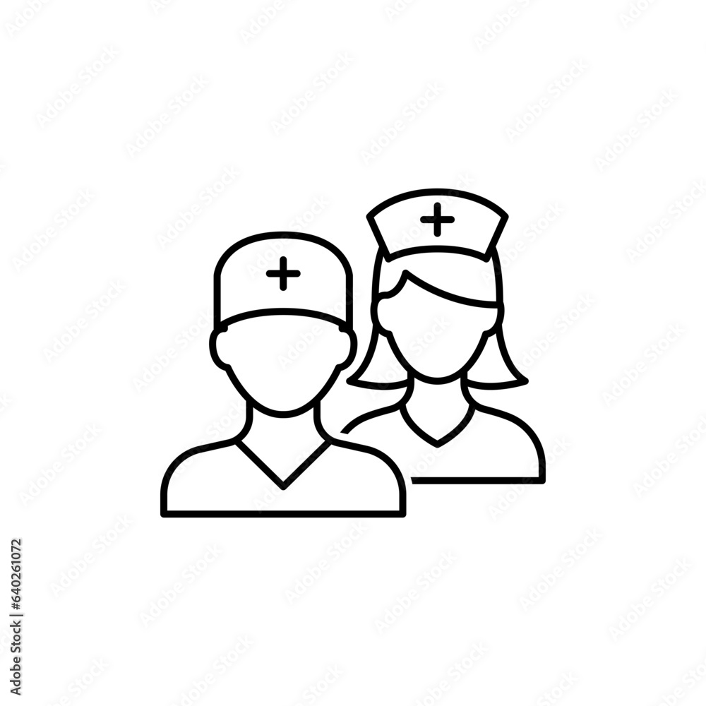 Medical team icon. Simple outline style. Nurse, male, female, man, woman, medic, doctor, health, medicine, hospital concept. Thin line symbol. Vector isolated on white background. SVG.