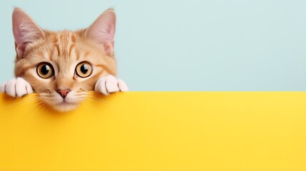Photo of a curious cat peeking over a bright yellow sign