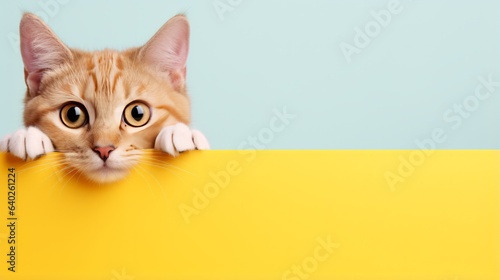 Photo of a curious cat peeking over a bright yellow sign