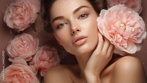 Fototapeta Naklejka Na Ścianę i Meble -  Photo of beautiful blue eyed woman standing on pink rose background, cosmetics photo, beauty industry advertising photo.