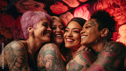 Diversity women with tattoos hugging and laughing