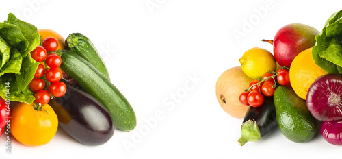 Set of vegetables and fruits isolated on white. Collage. Free space for text. Wide photo.