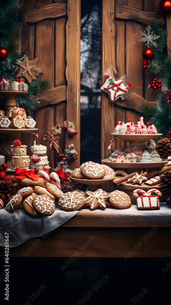 Table decorated with Christmas cookies. Festive concept. 
